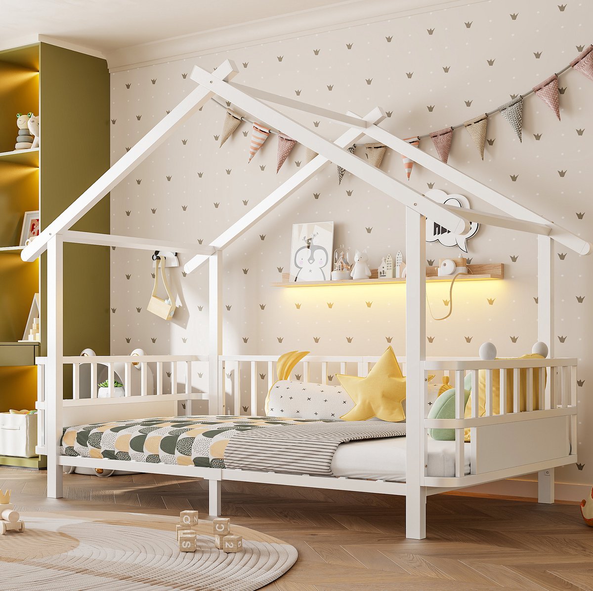 OKWISH Kinderbed 90x200 cm - Met Veiligheidshekje en Dakframe - Huisvormig Bedframe - Zonder Matras - Voor Jongens en Meisjes - Metaal - Wit