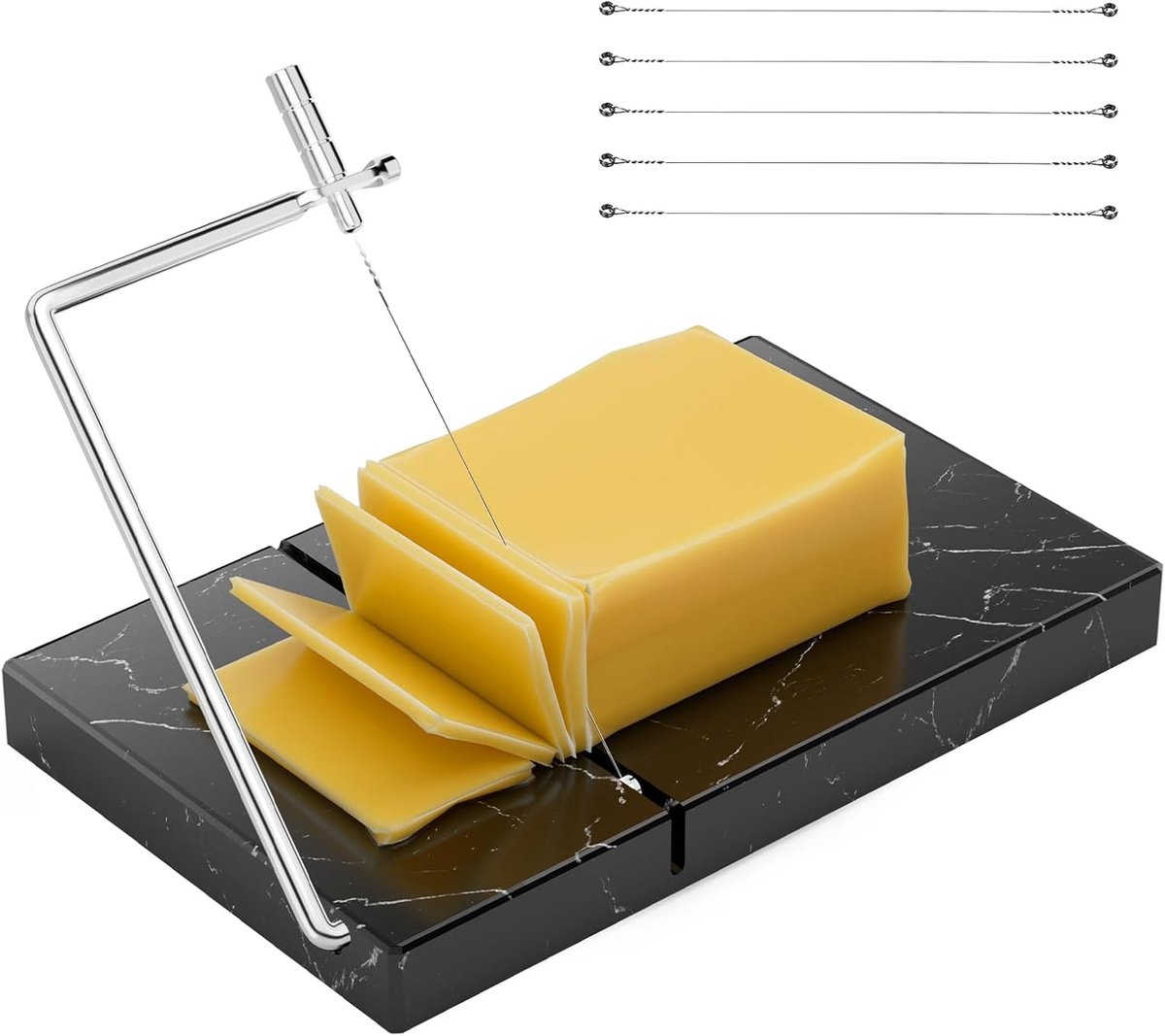 Thijox - Opgewaardeerde Kaassnijderset met 5 Vervangende Draden, Duurzame Kaassnijder met Marmeren Plank 12,7 cm x 20,3 cm, Ideaal voor Keuken, Feest