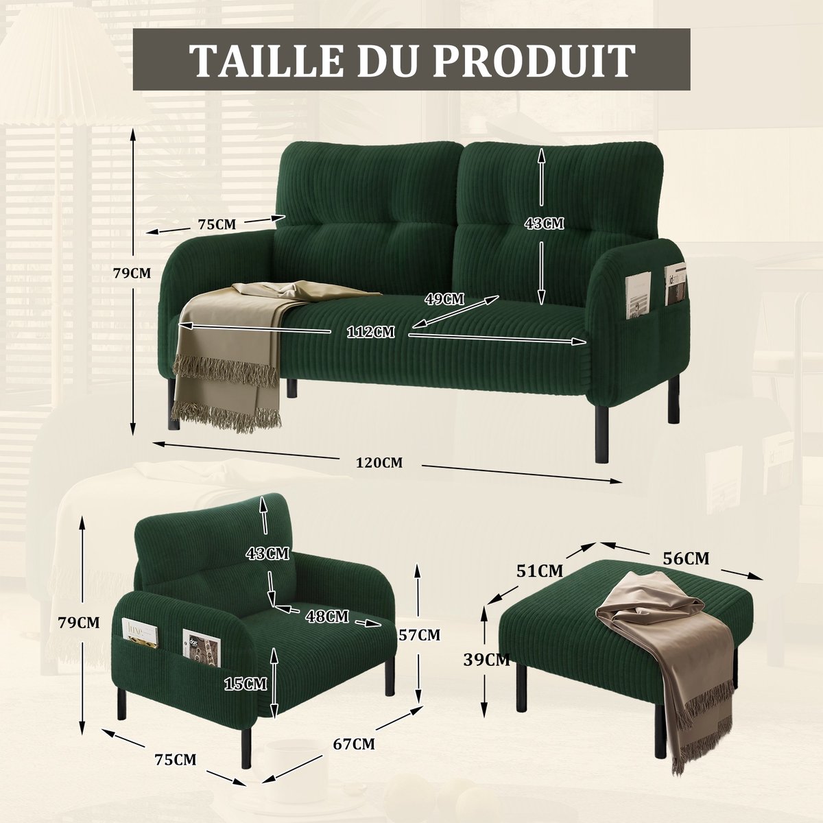YYchan modulaire bank met hocker - groen - 120 x 75 x 79 cm
