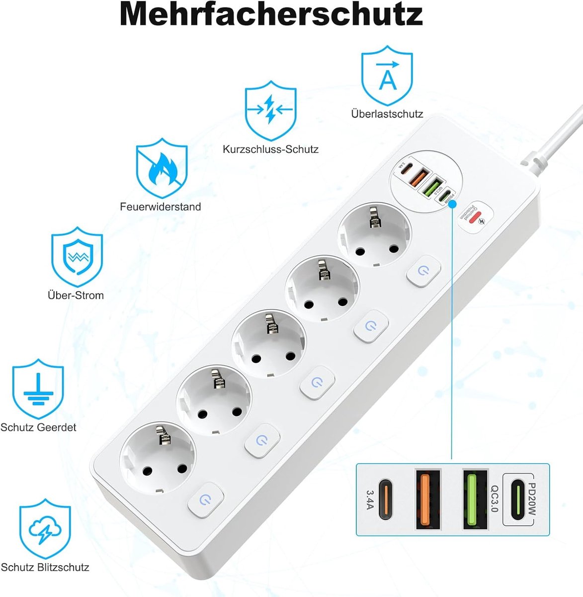 Thijox - Stekkerdoos 5-voudig met Schakelaar, 2x USB A, 2x USB C, PD 20W Snel Opladen, Meervoudige Wandcontactdoos met 2m Verlengkabel, Ideaal voor Th