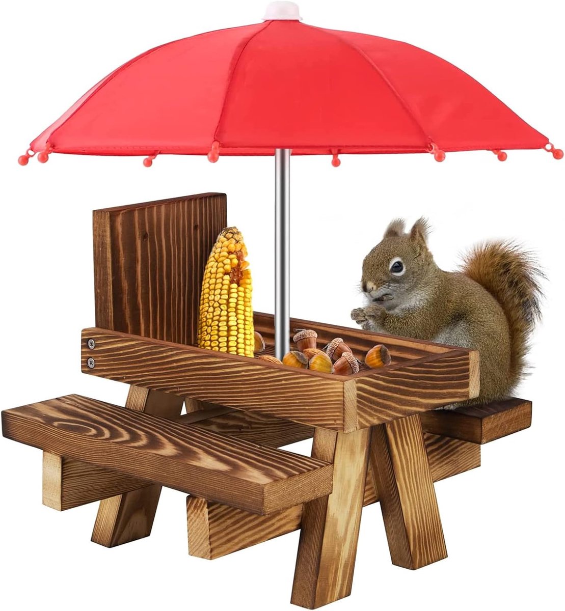 Squirrel Feeder Table with Parapl, Outdoor Wooden Squirrel Picnic Table Feeder, Picnic Table Feeder with Durable Corn - ShopVlot