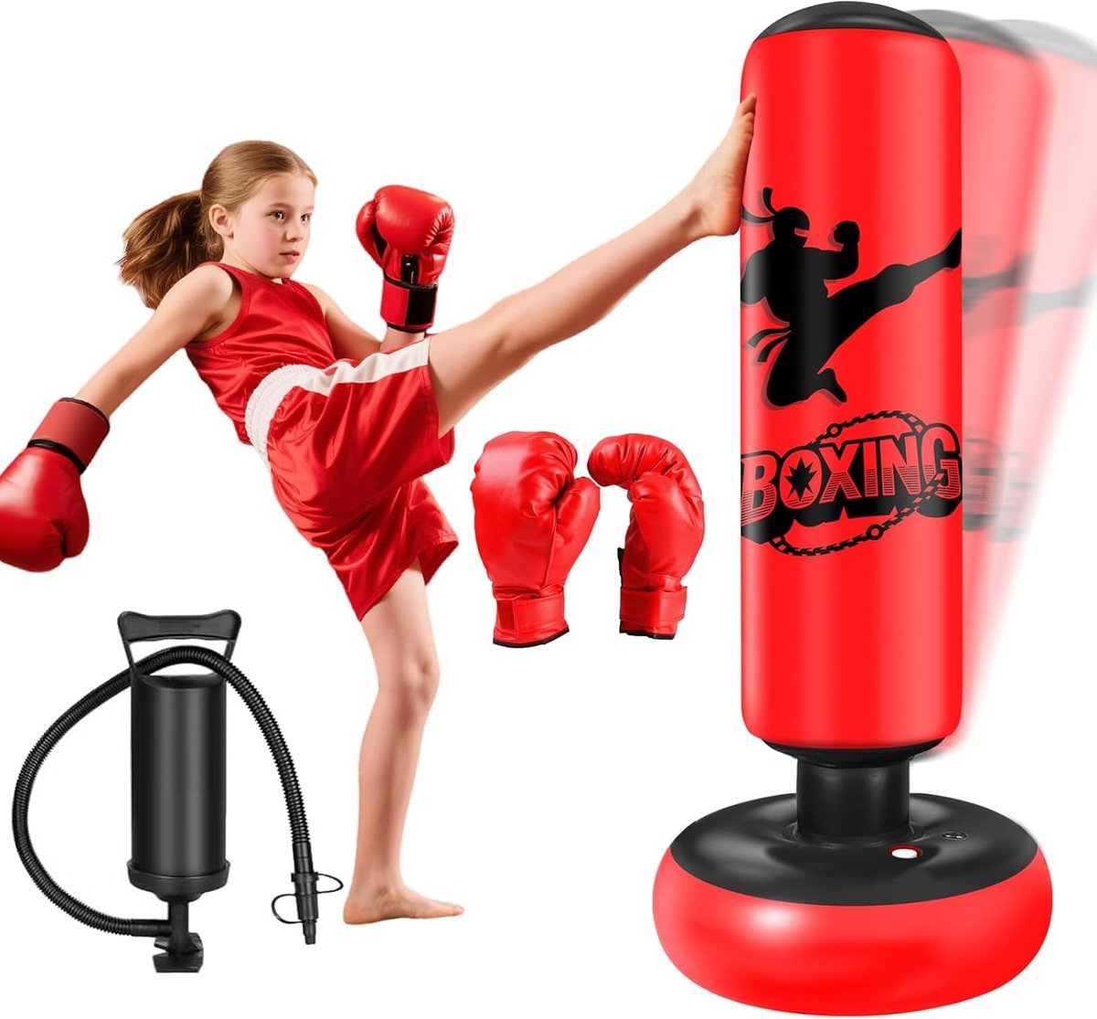 Thijox - Opblaasbare Bokszak voor Kinderen 160 cm - Staande Bokszak met Bokshandschoenen - Perfect voor Kickboksen en Karate Oefeningen - Cadeau voor