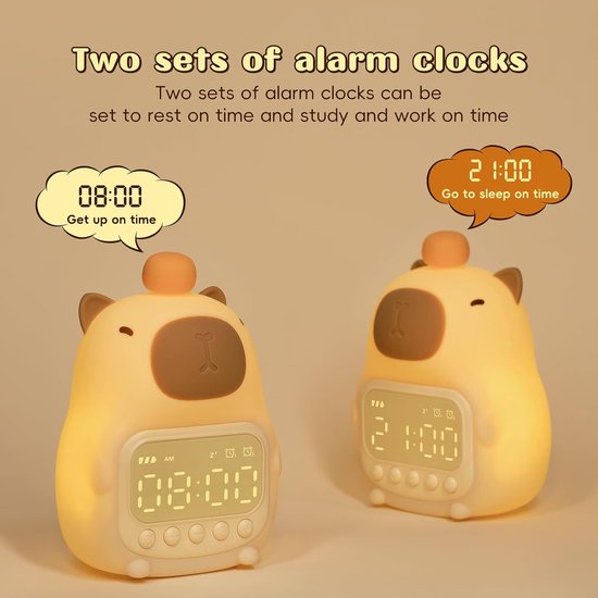 Capybara Alarm Clock with Night Light for Kids, Cute Alarm Clocks for Bedrooms Ok to Wake Clocks, Silicone Animal Tabletop Lamp for Teen Girls Boys — afbeelding 2