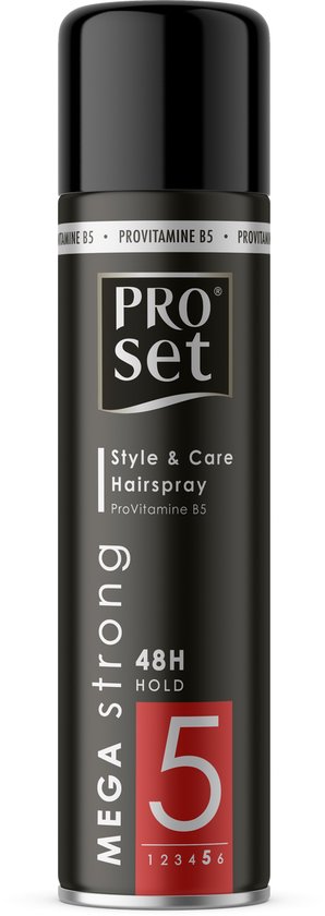 Zwarte spuitbus Pro Set Mega Strong haarlak, 48H hold, niveau 5.