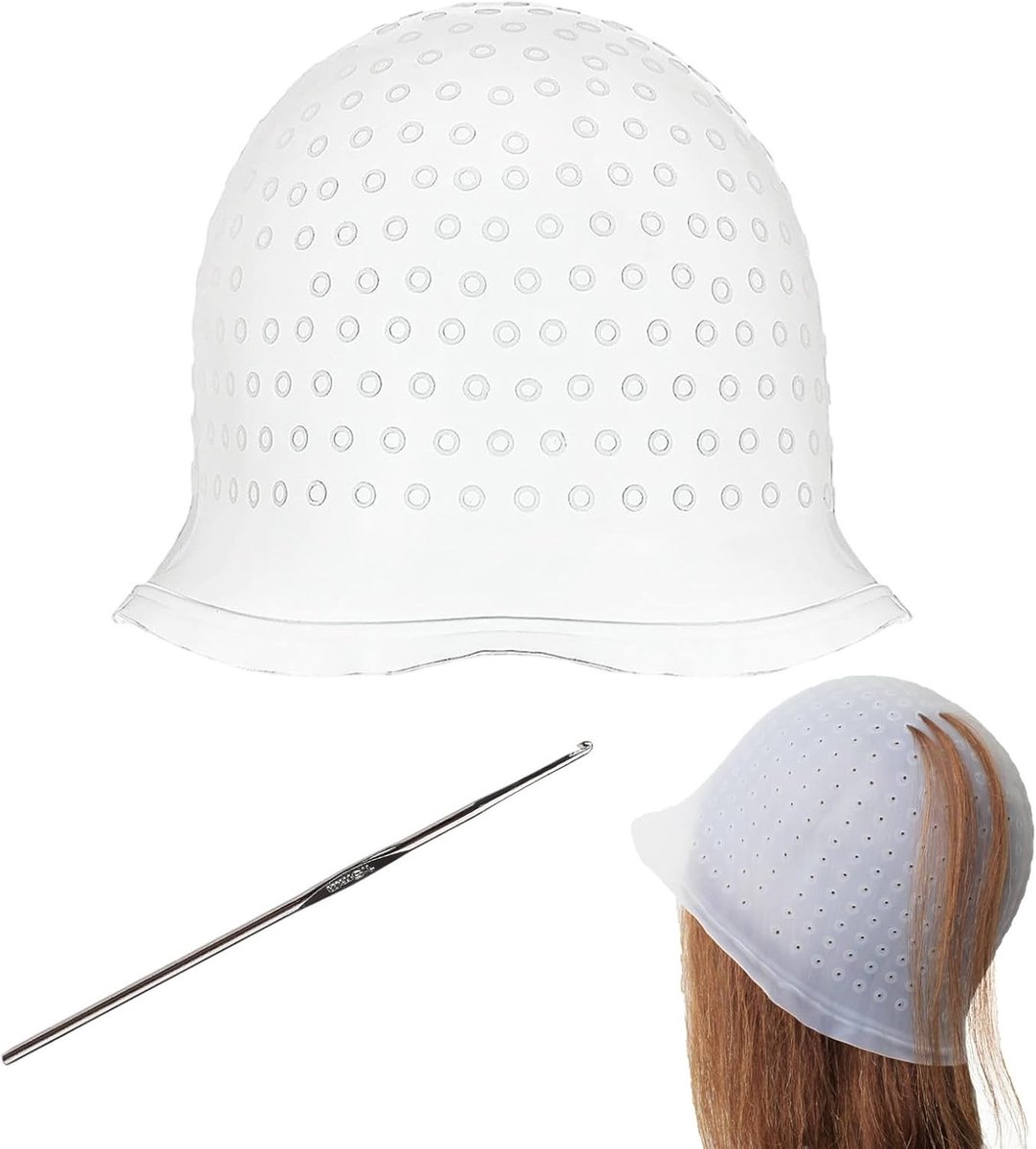 Perforeerbare siliconen haarmuts met naald, herbruikbare kleurmuts voor vrouwen en meisjes, ideaal voor haarkleuring en styling