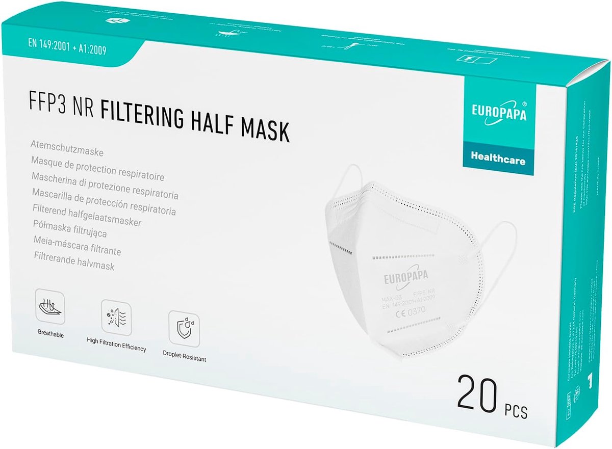 Thijox - 20 x FFP3 Witte Maskers - 5-laags Adembeschermingsmaskers - Hygiënisch en Gecertificeerd volgens EN149:2001+A1:2009 - Mondbeschermingsmasker