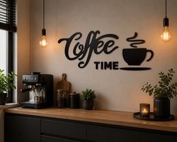 Coffee Time Wanddecoratie van Hout – Grote Muurdecoratie Keuken – Koffie Bord – 89 x 39 cm – Zwart