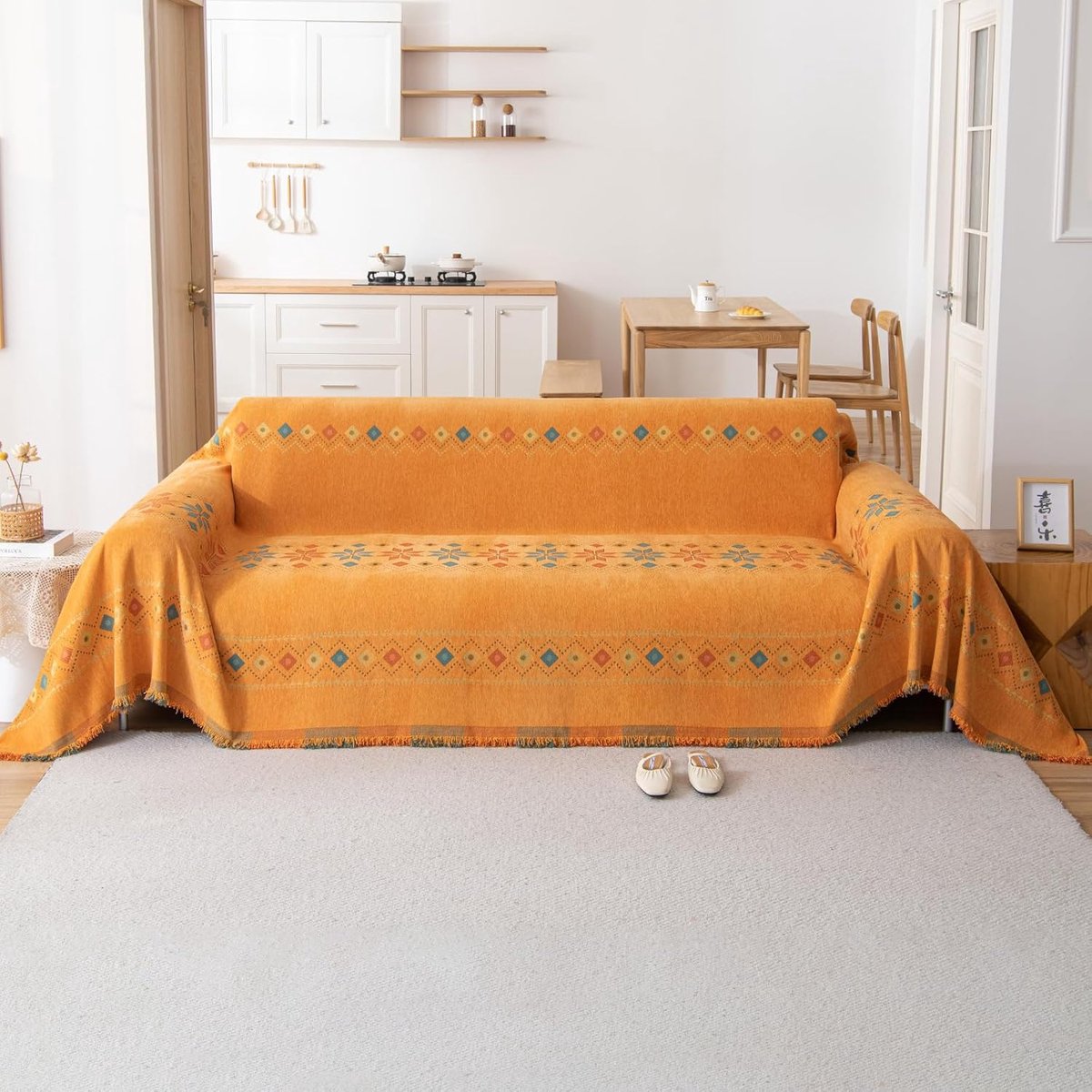 Thijox - Boho plaid chenille deken - Zachte wasbare plaid voor banken, fauteuils en bed - Oranje 180 x 400 cm - Perfect voor woonkamer en interieur