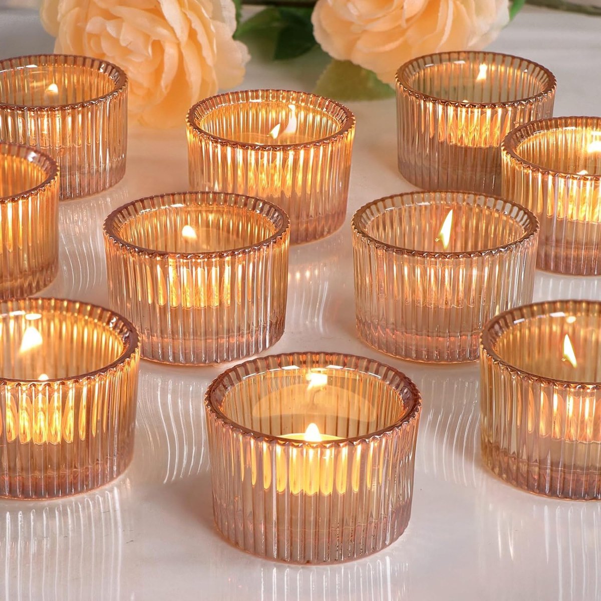SnelShoppen - Theelichthouder glas 10 stuks oranjegeel 5x3,5 cm | Hittebestendige theelichthouders voor tafel- en woningdecoratie, herbruikbaar, feest