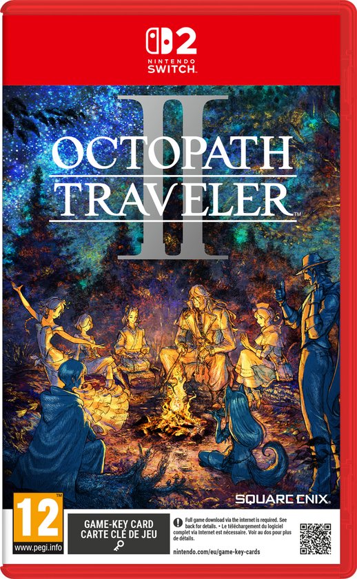 Octopath Traveler II game cover art, featuring a group of diverse characters sitting around a campfire in a forest.