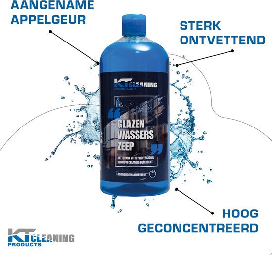 Blauwe fles met glazenwasserszeep, appelgeur, sterk ontvettend en geconcentreerd.