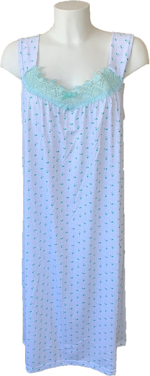 Dames Nachtjapon Gebloemd met kant en brede band - Nachthemd zonder mouwen - 100% katoen - kleur Mintgroen - maat L