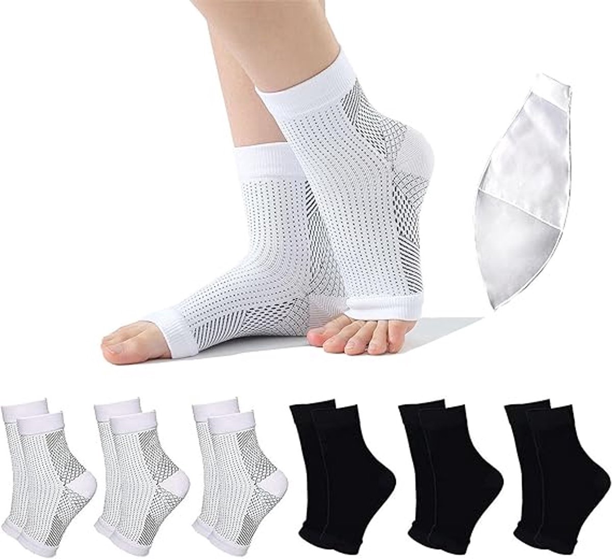 Set van 6 paar orthopedische compressiekousen maat L/XL 40-46 - 3 zwart en 3 wit, geschikt voor sport, fitness en verlichting van plantaire fasciitis voor heren en dames
