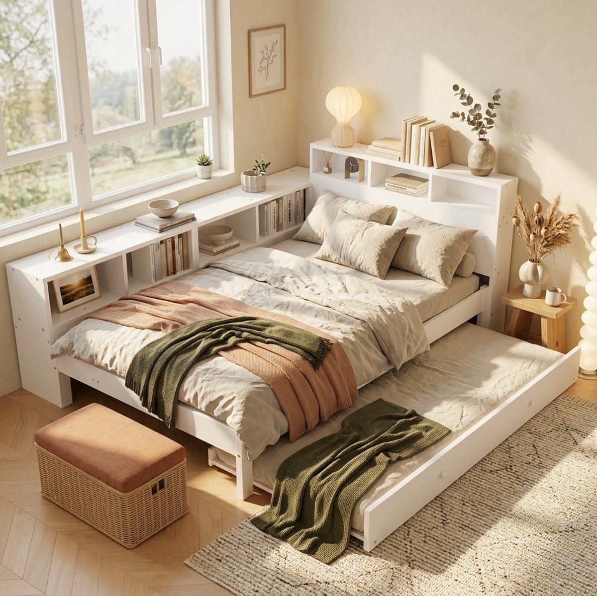 OKWISH Houten Bed 120x200 cm - Met Uitschuifbed 90x190 cm en Oplaadstation - Zijrek Met Opbergruimte - Voor Kinderkamer - Wit - Zonder Matras