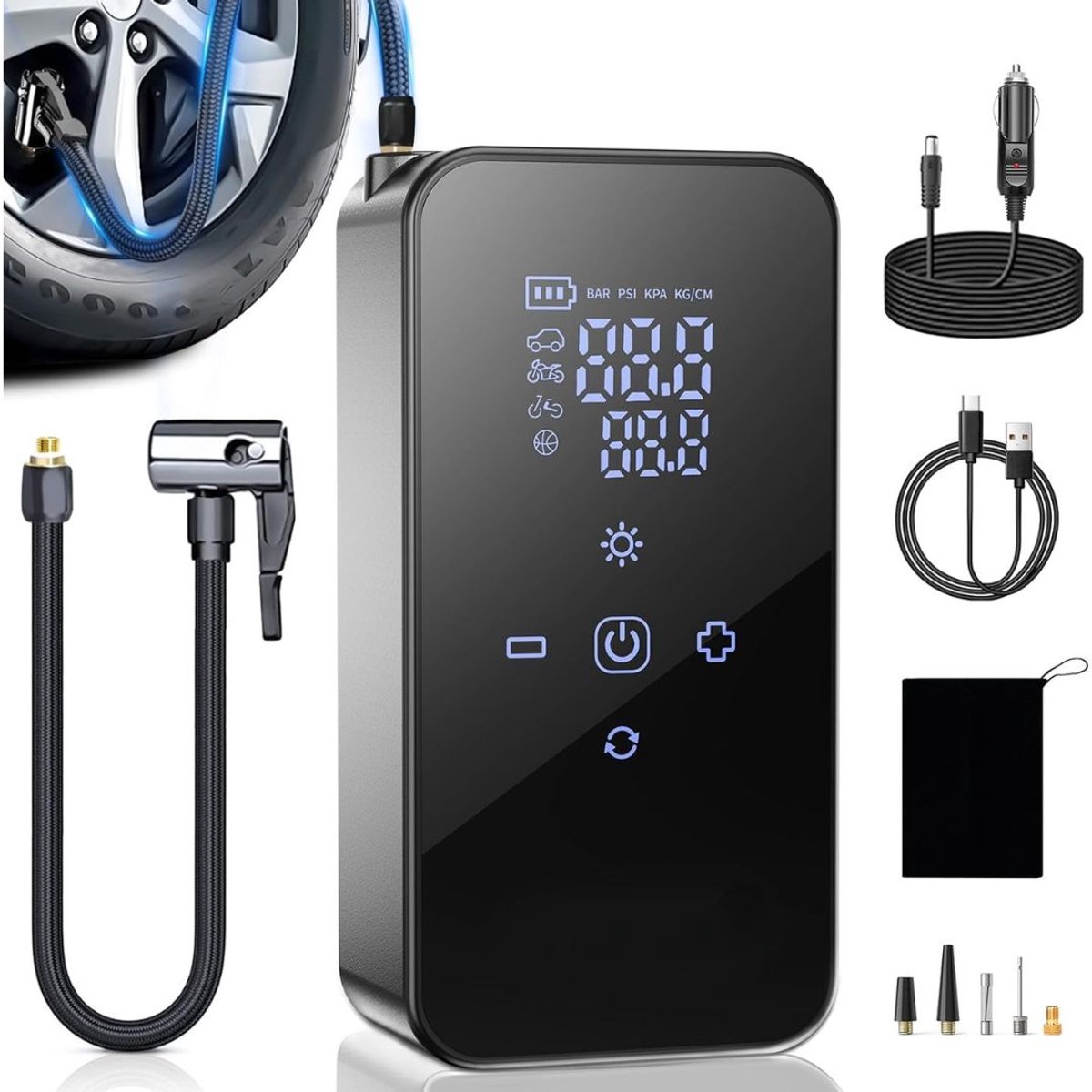 KIRA® Compressor Bandenpomp - Elektrische Luchtpomp - Fietspomp Met Digitaal Display - Zwart - 16cm x 7cm x 4cm