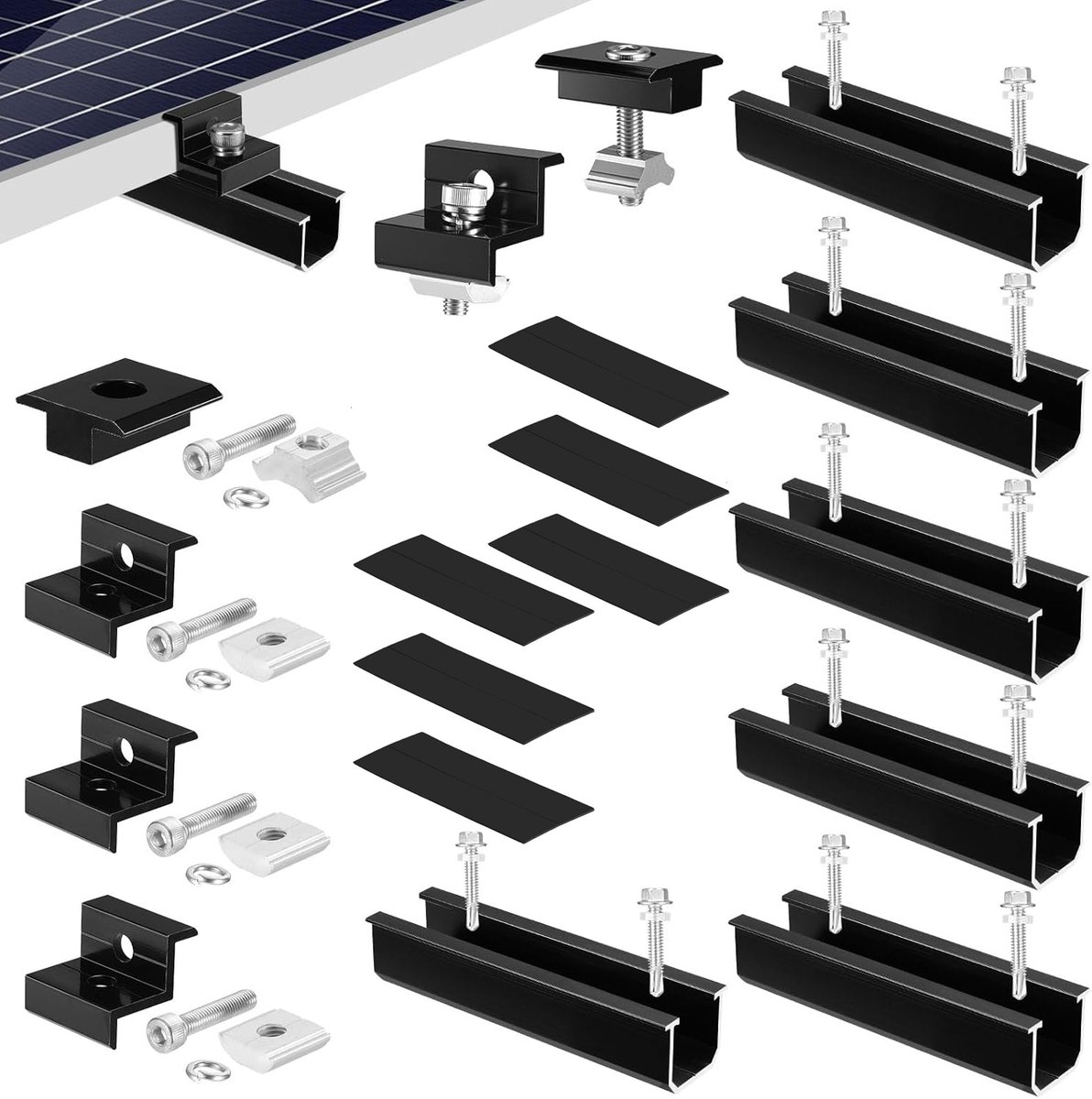 Montageset Voor Zonnepanelen Met 6 U-Vormige Rails Van Aluminiumlegering - Roestvrij Geschikt Voor 30-35 mm - Eenvoudige Installatie Voor Camperdaken Boten En Metalen/Trapeziumvormige Daken - Zwart