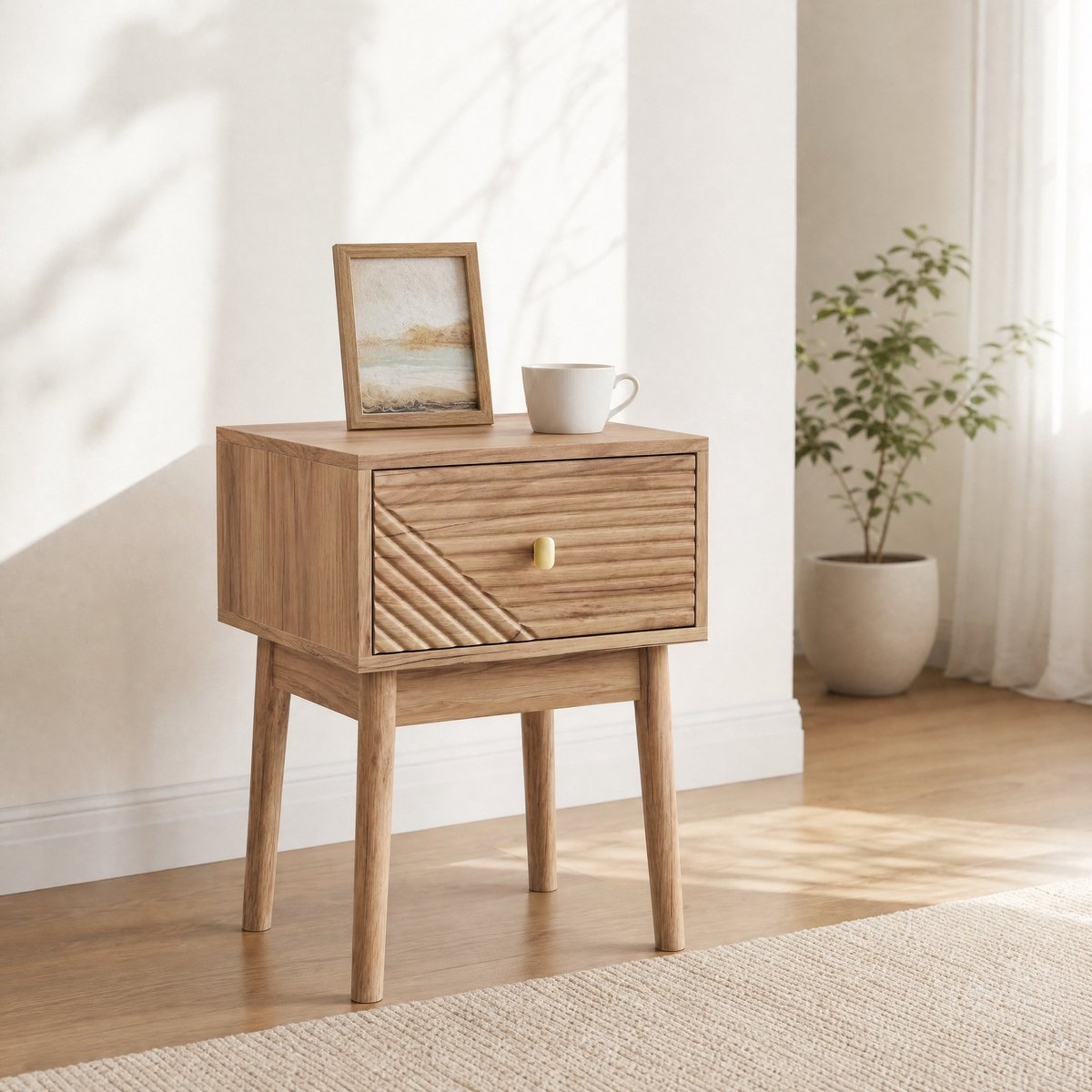 OKWISH Nachtkastje - Mid-Century Modern Met Lade - Voor Slaapkamer of Als Bijzettafel - MDF Eikenkleur - 40 x 40 x 55 cm Set Van 2