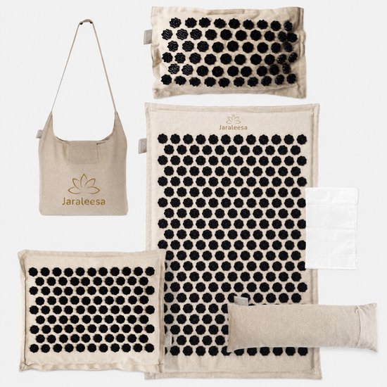 Jaraleesa® XL Spijkermat – 6-Delige ECO Acupressuur Mat Set Met Kussen – Massagemat – Shakti Mat – Spijkermat voor Stressverlichting, Spierherstel, Meditatie, Rugpijn & Acupunctuur – Incl. Draagtas & E- boek - Beige