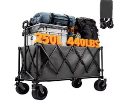 XXL Opvouwbare Bolderkar – 250L Inhoud – 200KG Draagkracht – Heavy Duty Transportkar met All-Terrain Wielen – Inclusief 2 Bekerhouders – Grijs