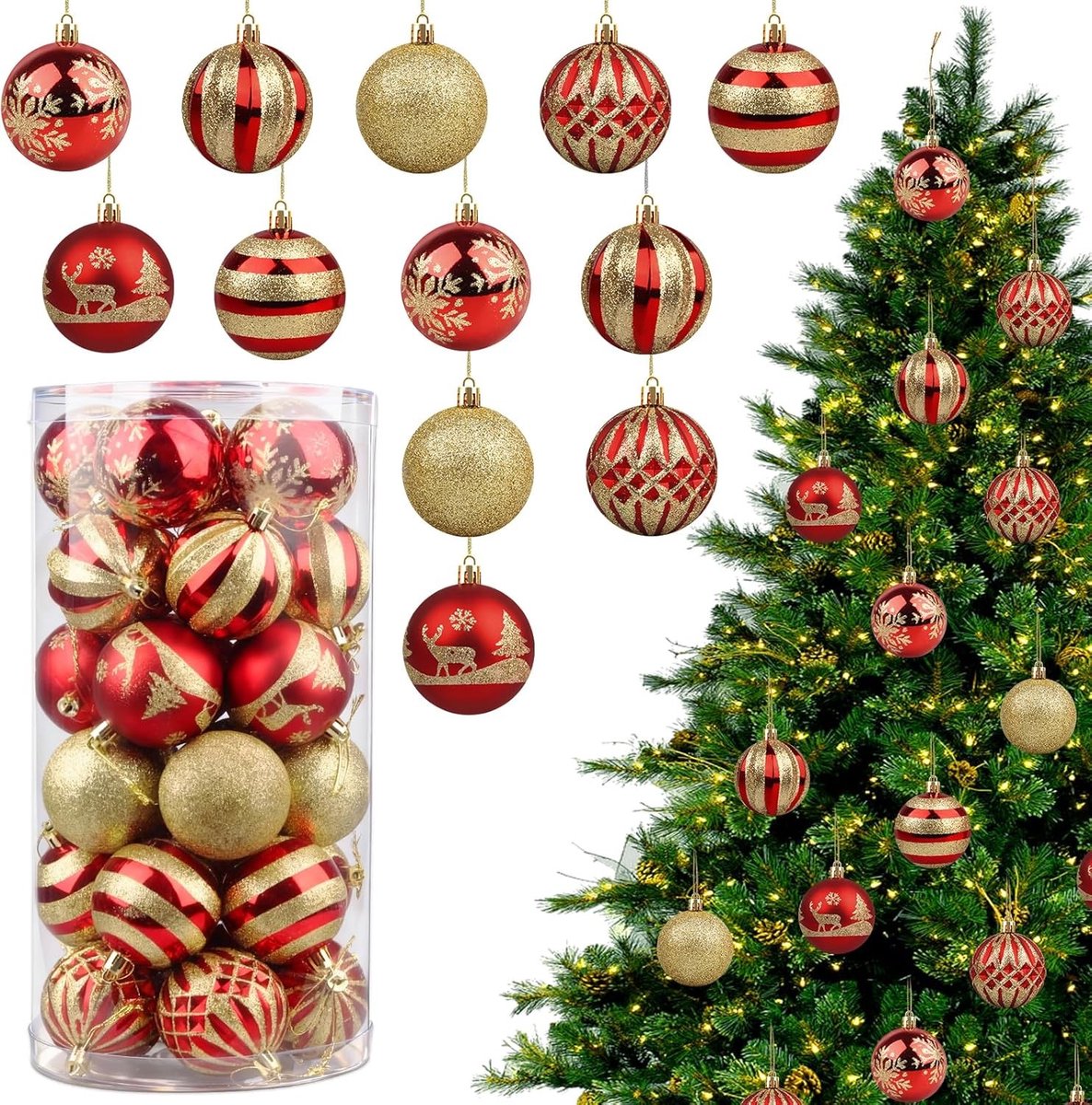 Kerstballen Set van 24 Stuks - 6 cm Rode en Groene Versieringen - Schokbestendige Hangende Ornamenten voor Feestdagen