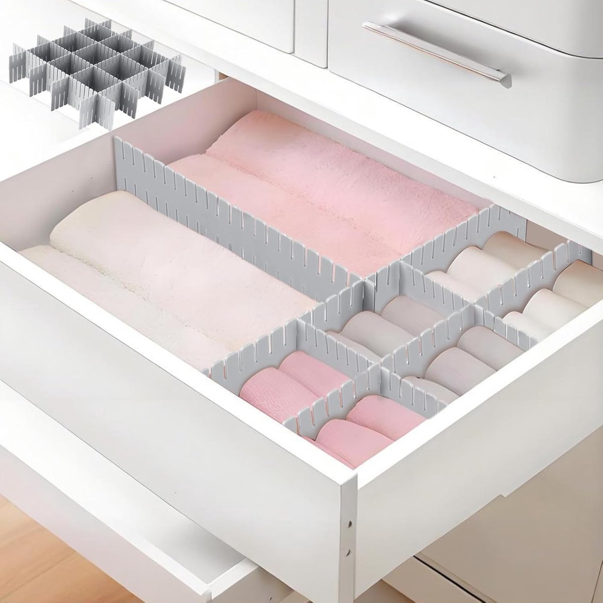 Thijox - 20 Stuks Verstelbare Scheidingswanden voor Laden, Organizer voor Badkamer, Keuken, Kantoor - Blauw-Grijs, Ideaal voor Sokken, Slips en Cosmet