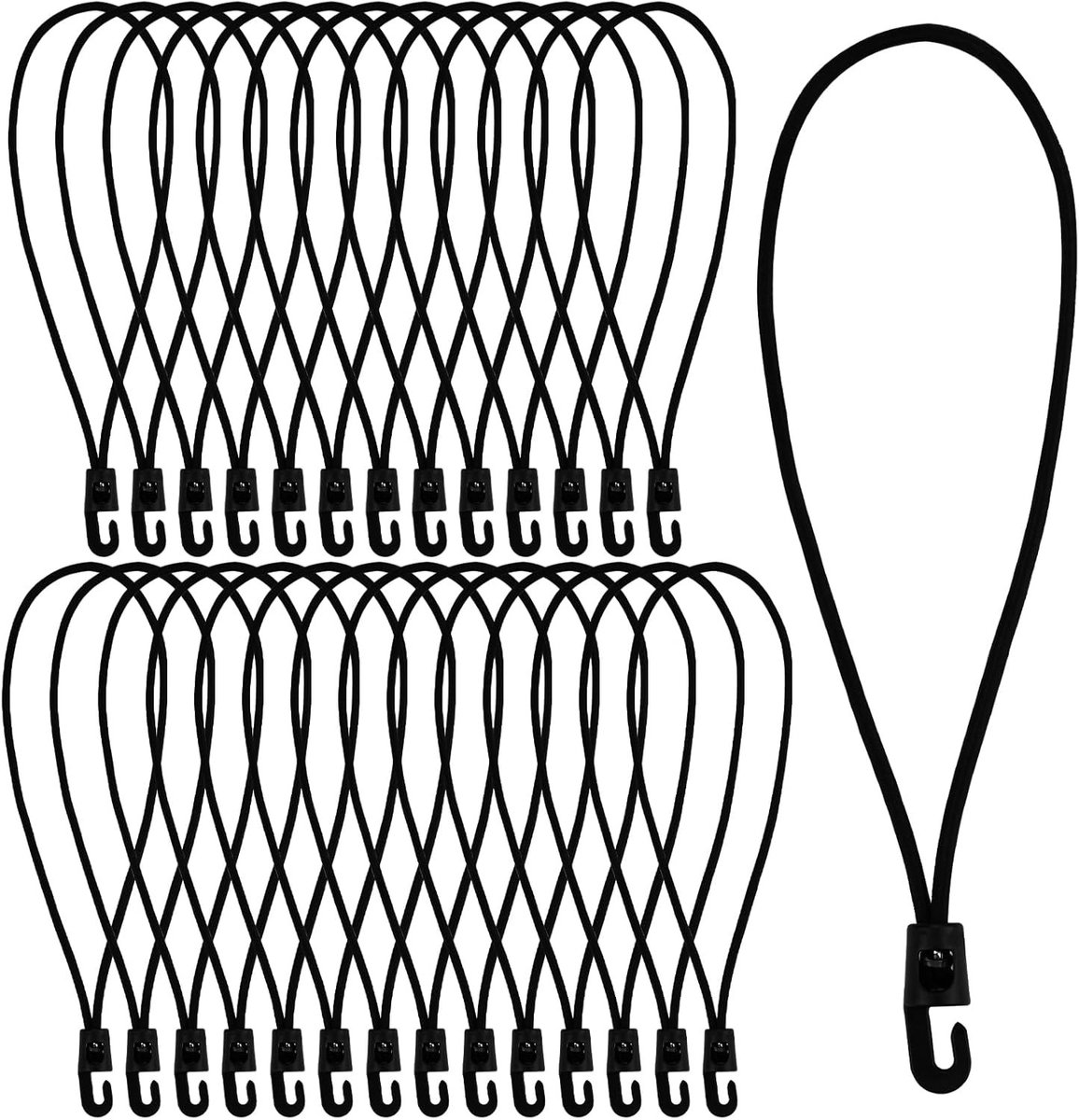 Verstelbare rubberen spanbanden met haken, 25 cm, 30 stuks, ideaal voor zeilen, tenten en kamperen