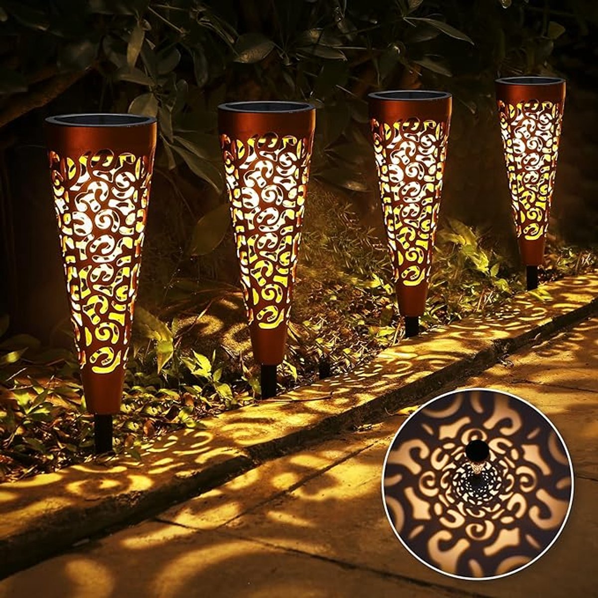 Solar Tuinverlichting Set Van 4 - Zonne-energie Buitenlampen Met Warm Wit LED Licht - IP65 Waterdichte Tuinlampen - Automatische Sfeerverlichting Voor Balkon Terras Gazon En Tuin - Bonsery