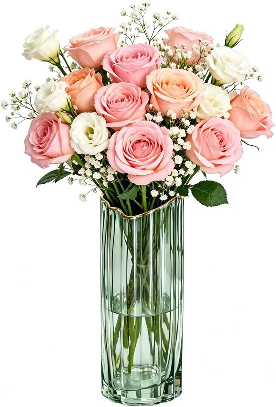 Geribbelde glazen vaas voor tafeldecoratie, moderne bloemenvaas voor woonkamer en huisdecoratie, perfect voor boeketten en stijlvolle accenten