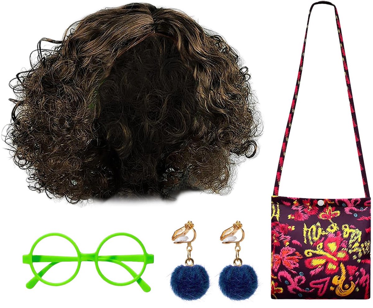 1 pruik, 1 groene bril, 1 tas en 1 paar oorclips, cosplay-accessoires, kunstkrullend haar, feestkostuumaccessoires.
