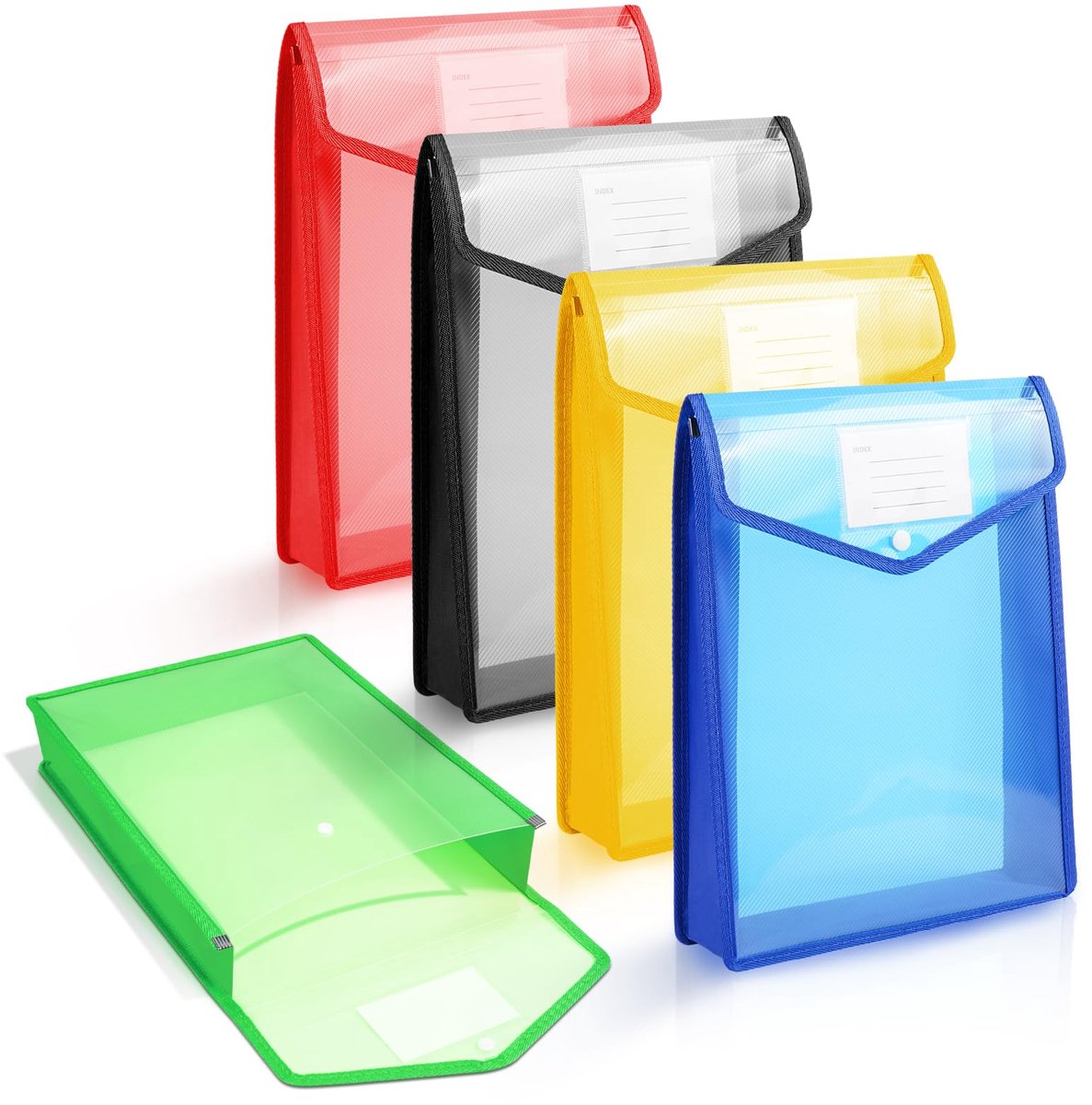 A5 plastic mappen, 5 stuks Verticale stijl plastic document, bestanden envelop voor school, kantoor, met kliksluiting en kaartsleuf (Blauw, geel, rood, groen, wit)
