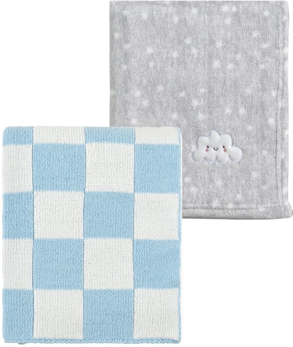 2 stuks 75 cm x 100 cm schattige gezellige pluizige warme babydekens voor zuigelingen peuters beddengoed wieg kinderwagen - grijze wolk + gebreid geruit blauw