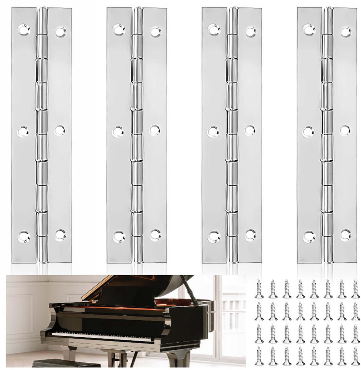 Pianoscharnier met 32 stuks schroeven, stangscharnier, scharnierband voor kastdeuren, pianodeur, 4 stuks