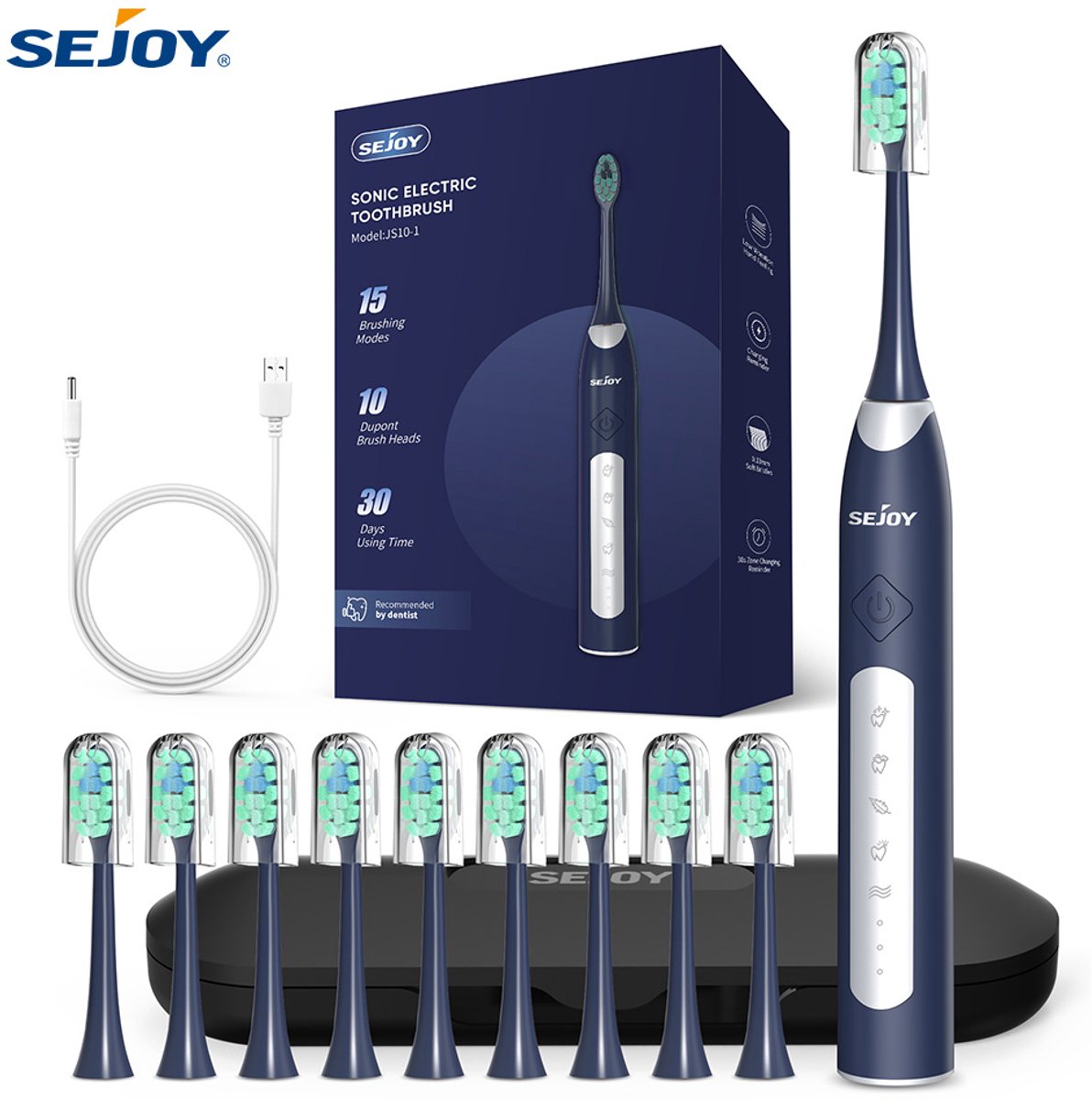 Mura Elektrische Tandenborstel - Opzetborstels - Toothbrush - Mondverzorging - 30.000 Bewegingen Per Min - 5 Poetsstanden - blauw