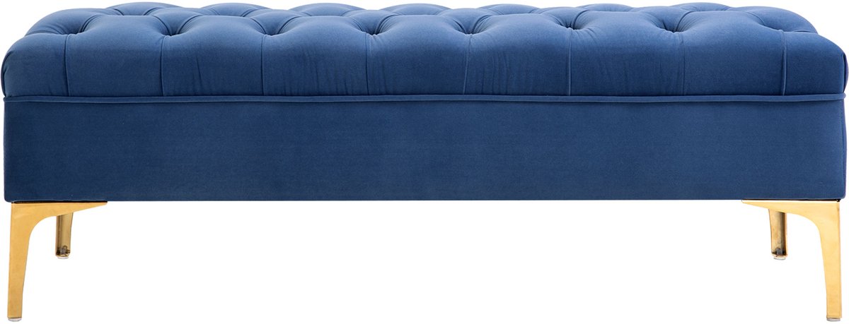Zitbank, fluweel, gestoffeerd, bedbank, blauw, Lange bank voor het voeteneinde van het bed in klassieke, elegante stijl, gestoffeerde bank, moderne schoenbank voor slaapkamer, woonkamer, hal, goudkleurig metalen poten, 118 x 45 x 42 cm