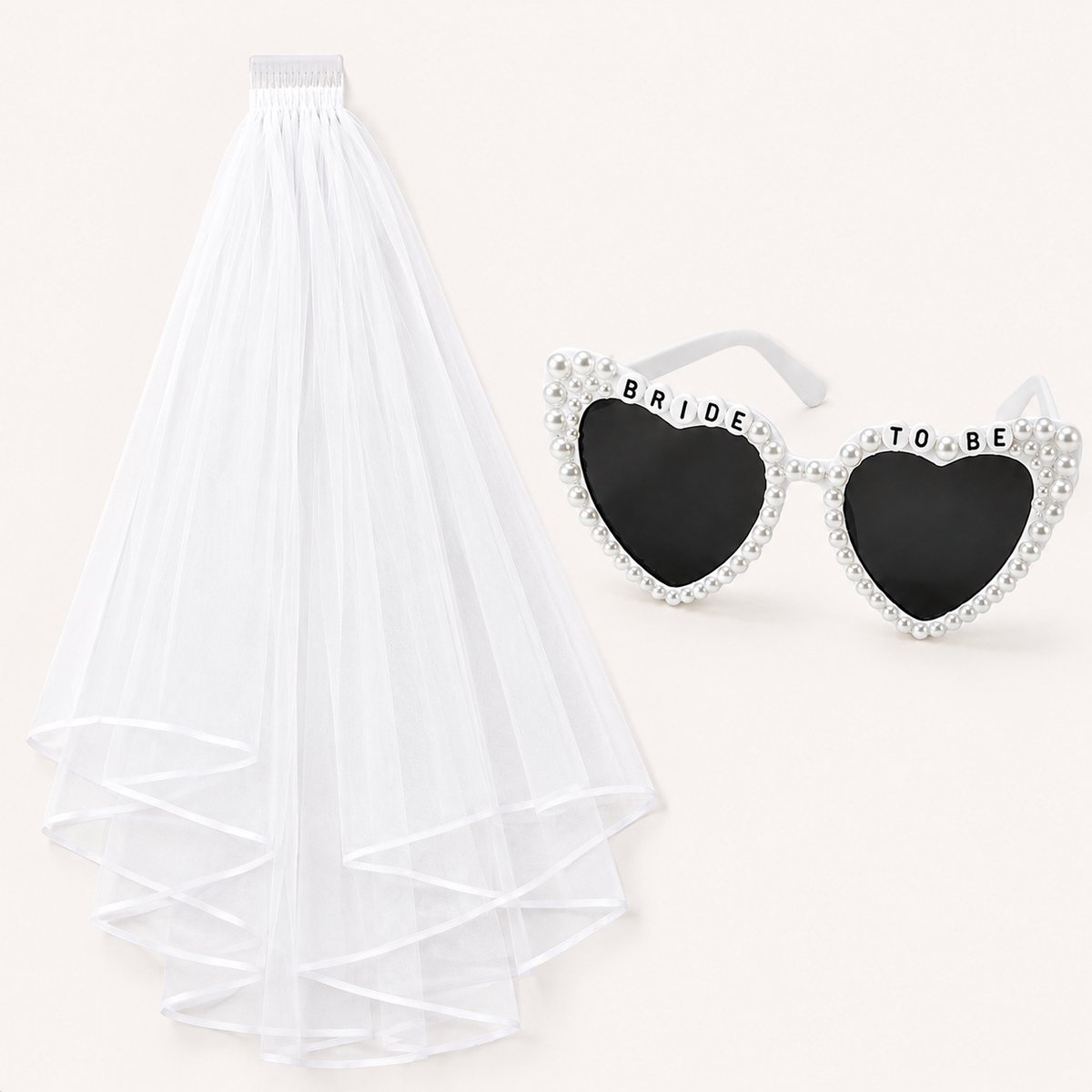 Joya Party® Bride to Be Accessoires Set | Bruidssluier met Haarclip & Hartjes Zonnebril met Parels | Vrijgezellenfeest Bride to Be | Bachelorette Party | Bruiloft | Wit