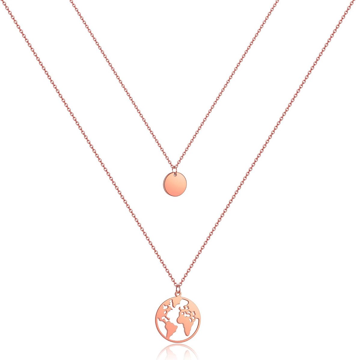 wereldketting dames wereldhanger halsketting vrouwen dubbele ketting wereldbol meerlaagse ketting met 5 munten / parels, 1 runden plättchen, Roestvrij staal