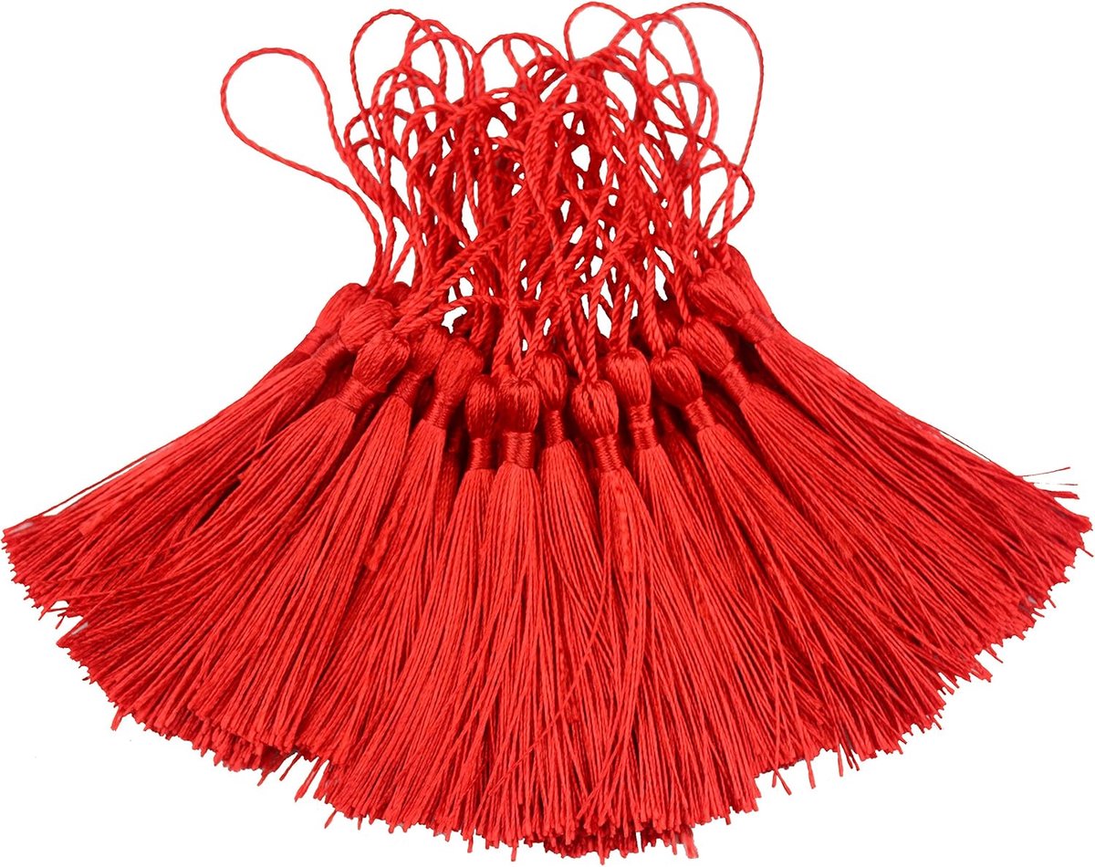 100 stks 13cm/5 Inch Zijdeachtige Floss Bladwijzer Kwastjes met 2-Inch Koord Loop en Kleine Chinese Knoop voor Sieraden Maken, Souvenir, Bladwijzers, DIY Craft Accessoire(Rood)