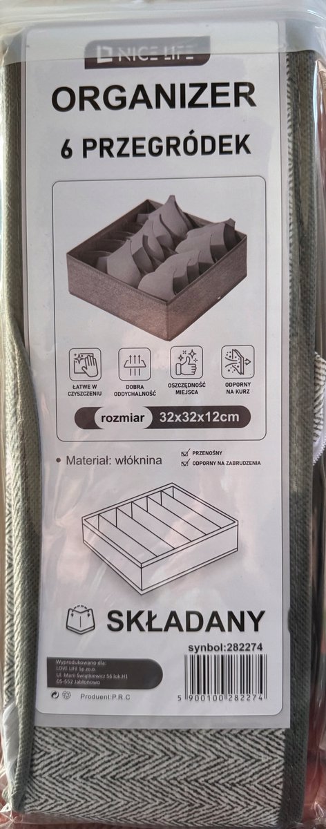 Grijze Lade Organizer 32x32x12cm met 6 Vakken