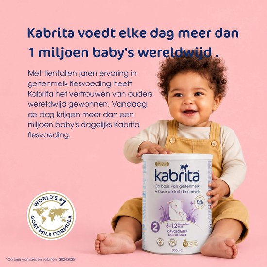 Een lachende baby houdt een blik Kabrita 2 opvolgmelk vast, met 'World's #1 Goat Milk Formula' cirkel.