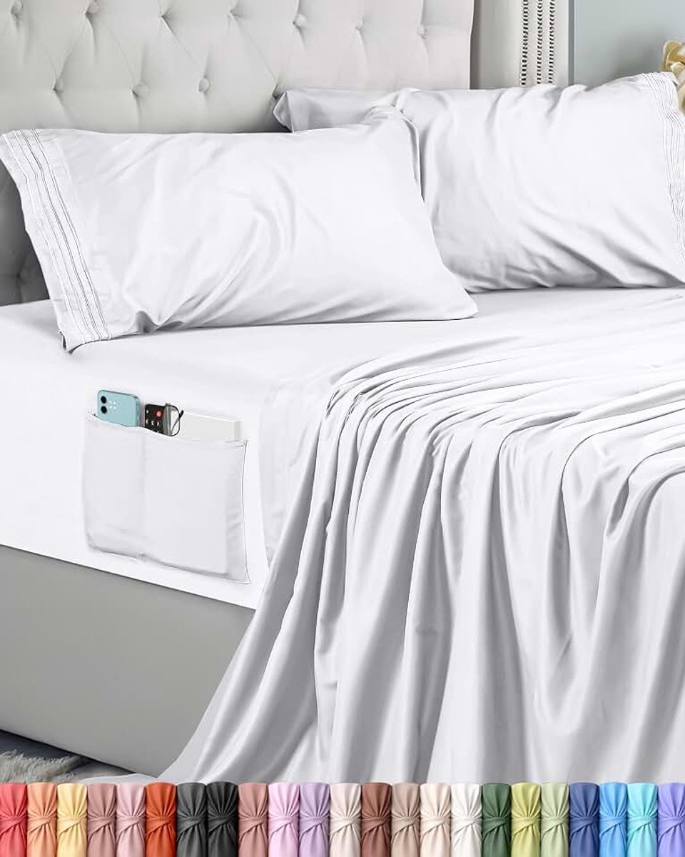 Bedding 4-Delige Geborduurde Lakenset (Voor Bedmaat 180 x 200 cm, Wit) - Geborsteld Microvezel Polyester,1 Vlakke Laken, 1 Hoeslaken met 2 Geborduurde Kussenslopen 50 x 75 cm
