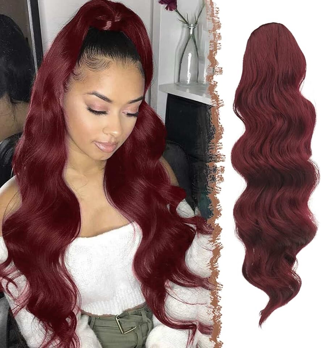 Paardenstaart Haarstukje Haarverlenging met Trekkoord Paardenstaart Extension Lang Golvende Synthetische Haarextensies voor Vrouwen Ponytail Extension Red, 60 cm