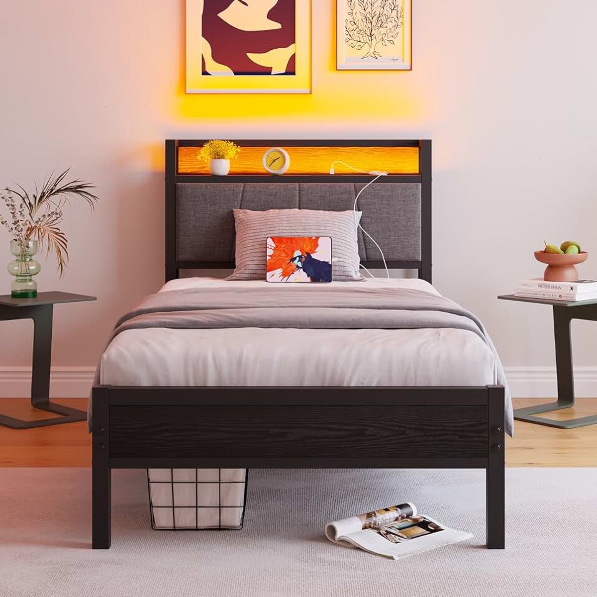 90x200 met Laadstation,Led-verlichting – Metaalen Bed met lattenbodem– Eenpersoonsbed, Logeerbed, Gestoffeerd Bed 90 x 200 cm,Eenvoudige Montage,Grijs
