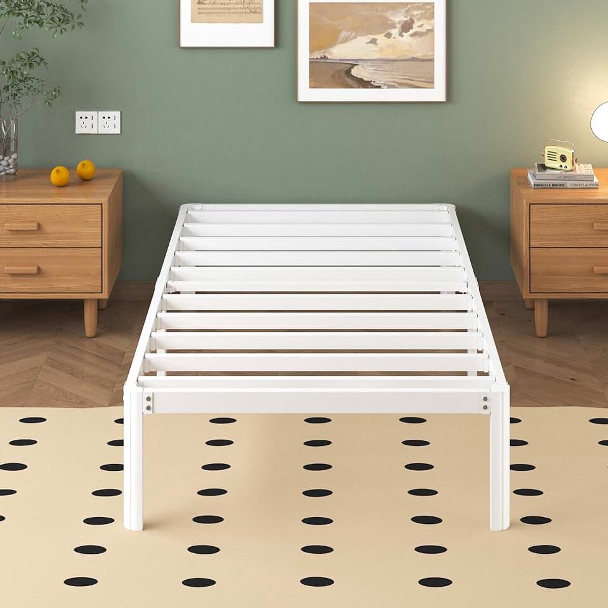Metalen Bedframe 90x190 cm met Ronde Hoekpoten, Hoogte 30.5cm, Bedframe 90x190 Metaal met Lattenbodem, Eenvoudige Montage, Opbergruimte onder het bed, Geluidsvrij, Wit