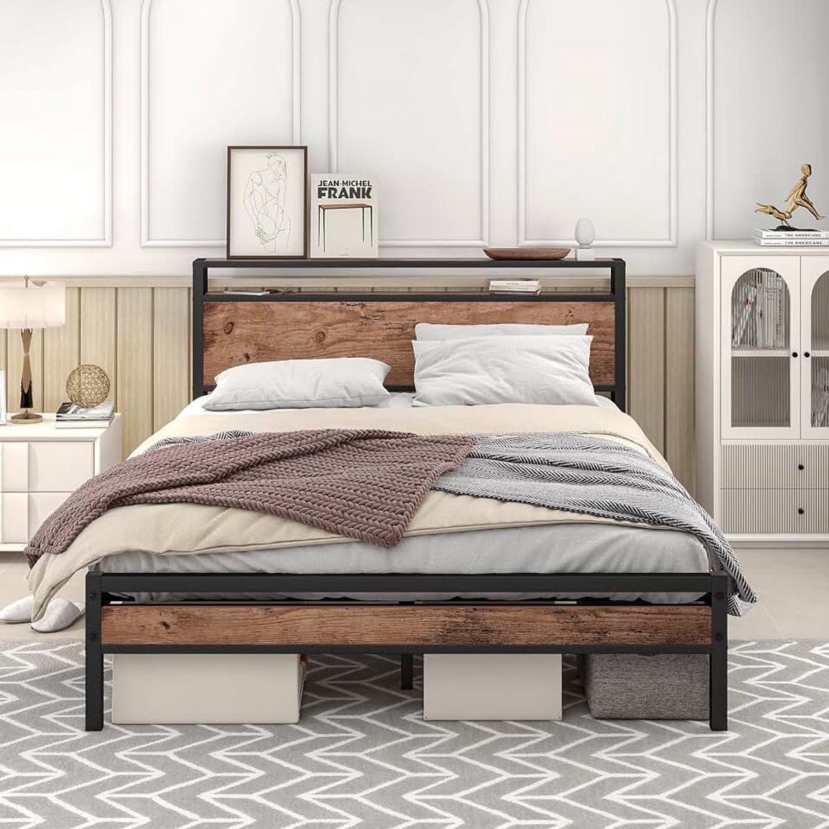 120 x 200, metalen bed met hoofdeinde met opbergruimte en metalen lattenbodem, jeugdbed, kinderbed, functioneel bed, bedframe van metaal, industrieel bedframe, zonder matras, zwart
