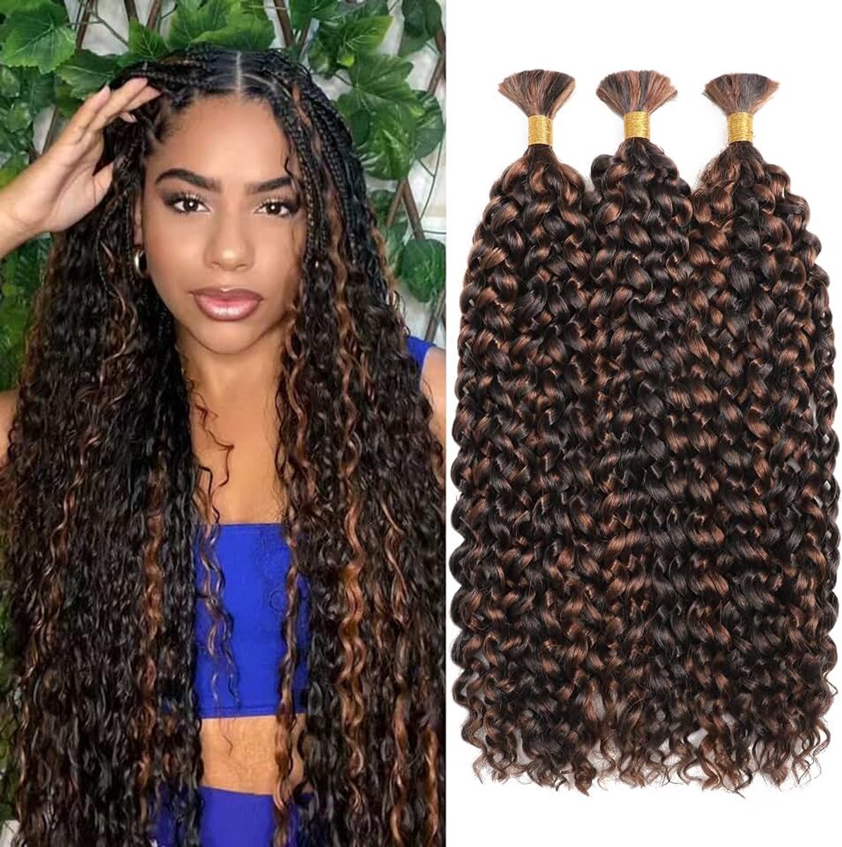 Wave Bulk Hair for Braiding 22 Inch Natural Curly Hair for Boho Braids No Weft Wet and Wavy Braiding Hair Extensions for women (p4/30#, 22inch-3pc)