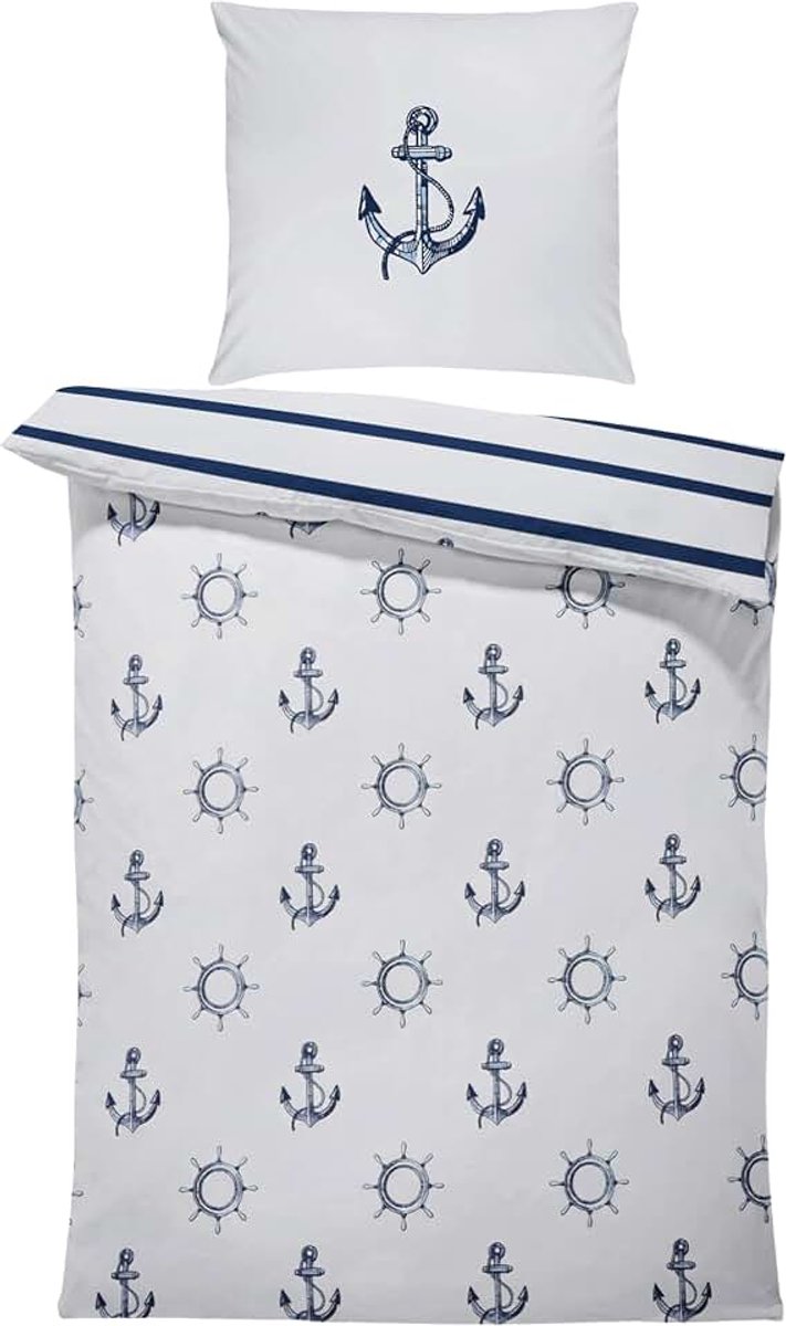 Kustanker beddengoed 135 x 200 cm + 80 x 80 cm - renforcé katoen, maritiem beddengoed met anker en stuurwiel, Öko-Tex Standard 100, ritssluiting