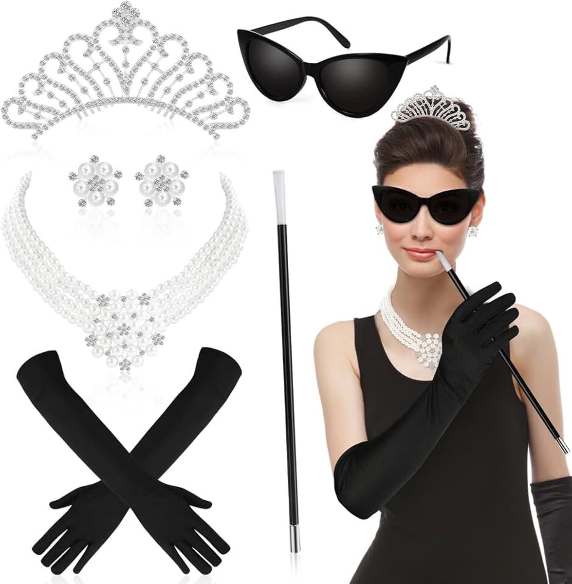 Dameskostuum, 20-delige accessoires, kroon kristal, tiara, halsketting, parels, oorbellen, handschoenen, zonnebril voor jaren 20-kostuum, carnavalskostuum