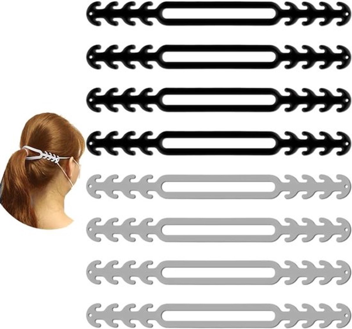 8-delige verstelbare oorhaakjes voor ponytail en gezichtsmaskers - anti-slip bandverlengers en oorbeschermers voor meisjes, vrouwen, volwassenen en kinderen (zwart, grijs, wit)