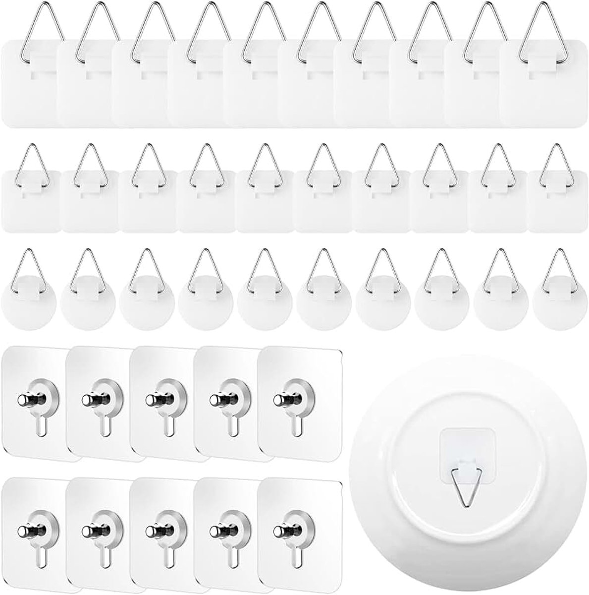 40 stuks zelfklevende haken voor foto's met 30 driehoekige haken en 10 schroefhaken van 6 x 6 cm, inclusief 4 paar oorclips in goud en zilver, fotohaken zonder spijkers voor huis en muur