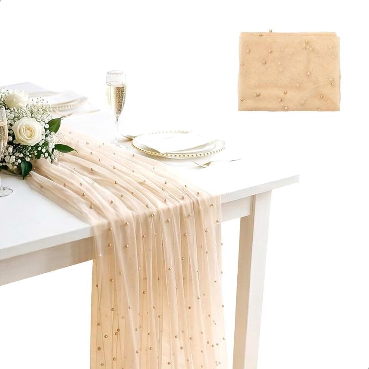 Tafellopers voor eettafel, boho, tafellopers, machinewasbaar, lange tafelloper geschikt voor eettafels, salontafels, bruiloften en feesten, champagnekleur